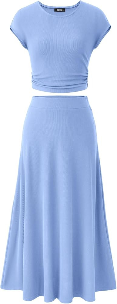 BTFBM Women Two Piece Skirt Set Casual Ribbed Knit Crew Neck Short Sleeve Cropped Top Elastic Wai... | Amazon (US)