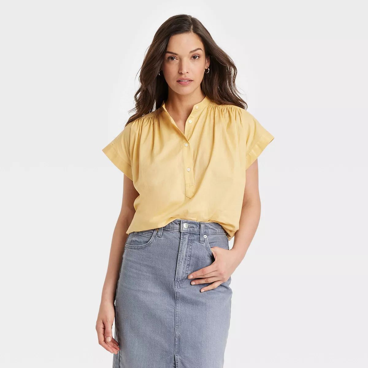 Women's Popover Short Sleeve Blouse - Universal Thread™ Yellow M | Target