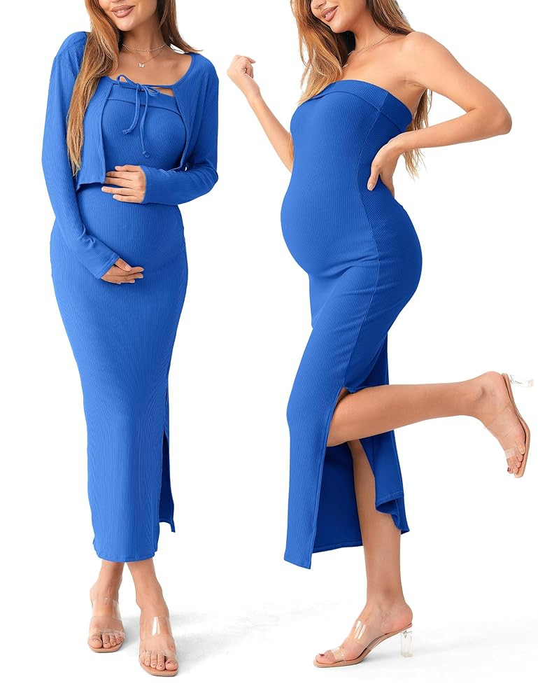 SUNNYBUY Baby Shower Maternity Tube Dress Short Cardigan Bodycon Ribbed Maxi Dress Casual 2 Piece... | Amazon (US)