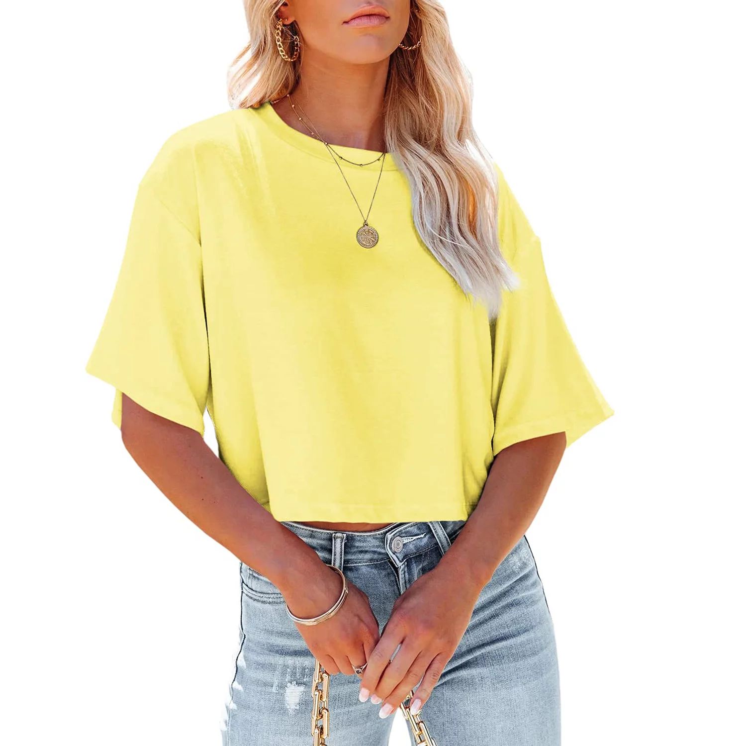 Ptaesos Women Short Sleeve Cropped T Shirt Crew Neck Crop Tops Casual Summer Solid Color Basic Te... | Walmart (US)