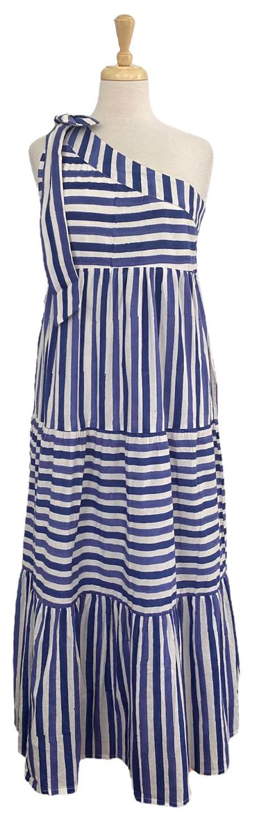 Rosie Maxi Dress Blue and White Stripe | Madison Mathews