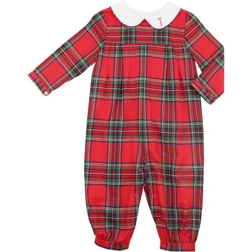 Red And Green Holiday Plaid Long Romper - Shipping Mid November | Cecil and Lou