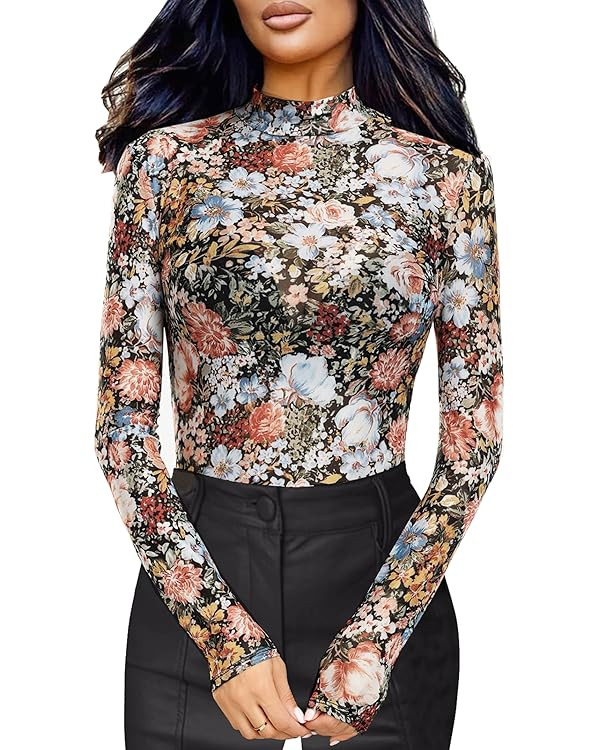 Floral Mesh Long Sleeve Tops for Women Mock Neck See Through Fitted Sexy Going Out Top | Amazon (US)