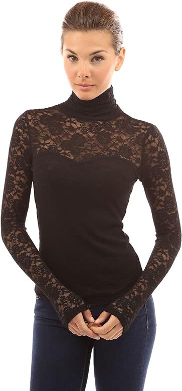 Women Turtleneck Sheer Lace Blouse | Amazon (US)