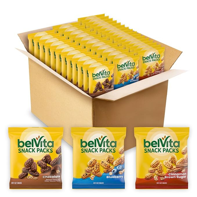 belVita Crunchy Bite Size Snacks Variety Pack, 3 Flavors, 40 Snack Packs | Amazon (US)