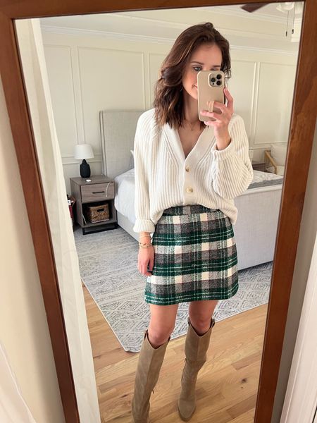 Holiday outfit: 

White sweater: wearing m// go with true size 
Plaid skirt: wearing m//tts

Holiday style. Christmas outfit. Christmas party outfit. Green plaid. Button down sweater  

#LTKSeasonal #LTKstyletip #LTKHoliday