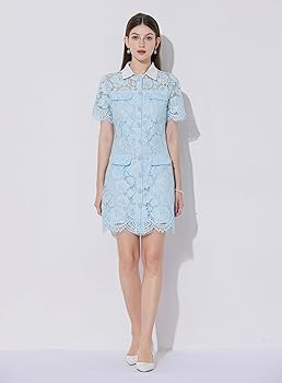 LAI MENG FIVE CATS Women's Lace Floral Contrast Collar Button Up Mini Dress | Amazon (US)