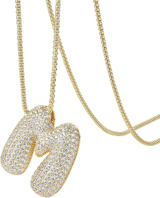 PAVOI 14K Gold Plated Cubic Zirconia Bubble Letter Initial Necklaces for Women | Gold Balloon Nec... | Amazon (US)