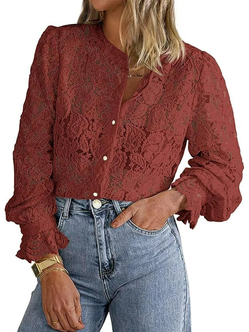 PRETTYGARDEN Women's Dressy Casual Lace Blouse Long Sleeve Button Up Shirts Tops Spring Fall Fash... | Walmart (US)