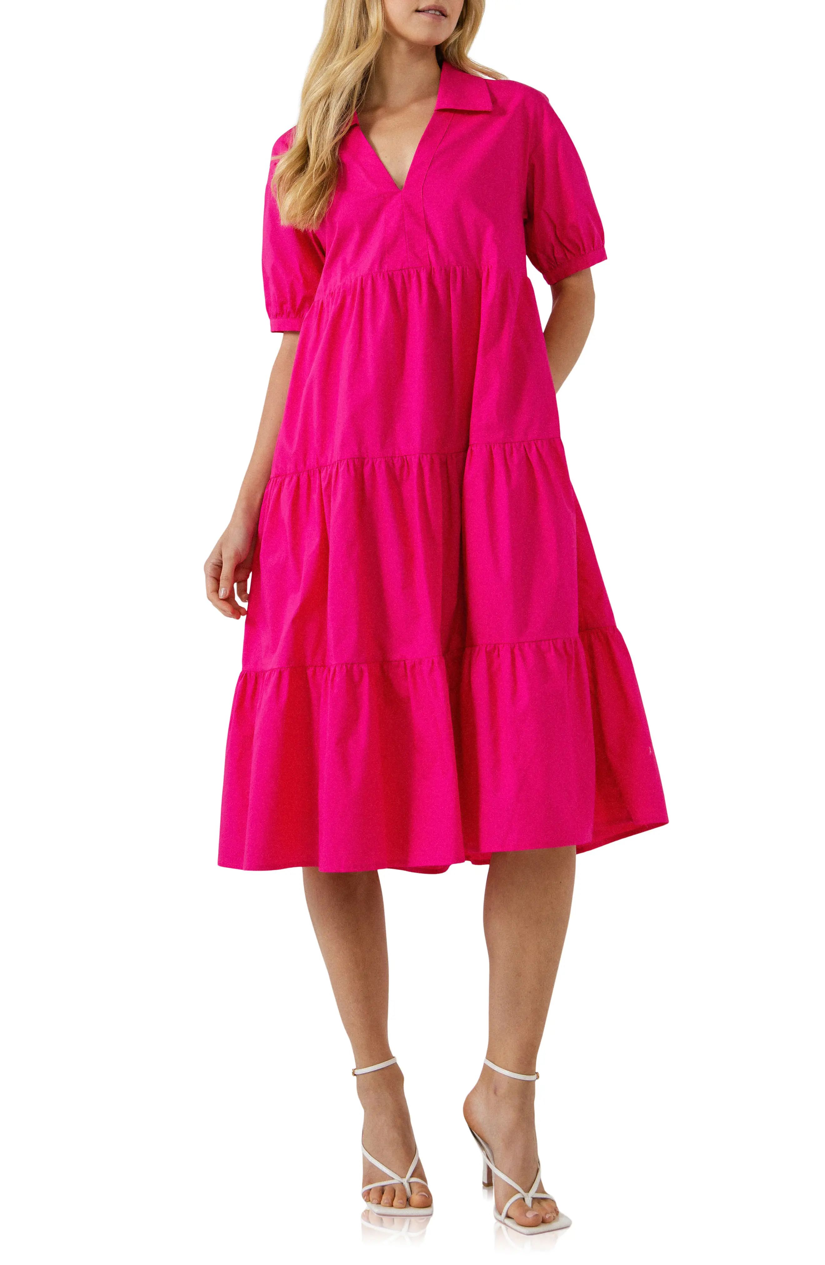 English Factory Tiered Puff Sleeve Dress in Fuchsia at Nordstrom, Size Large | Nordstrom