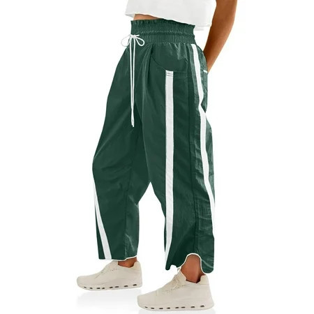 PUWEI Women's Casual Wide Leg Pants Baggy Drawstring Elastic Waist Contrast Color Strip Sweatpants | Walmart (US)