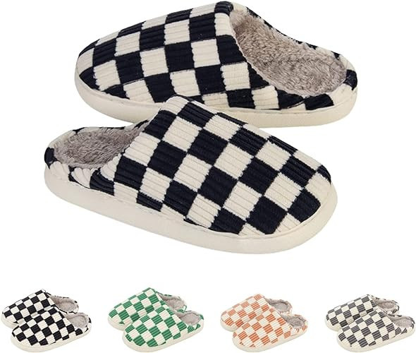 Yueerlu House Slippers for Women Men, Mens Slippers on Fuzzy House Slippers Memory Foam Checkered... | Amazon (US)