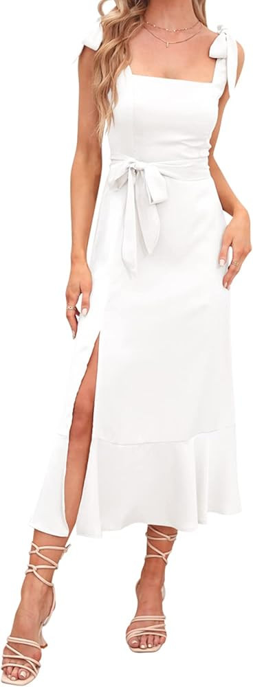 Women's Square Neck Spaghetti Straps Ruffle Split Midi Formal Dress Elegant Wedding Guest Cocktai... | Amazon (US)