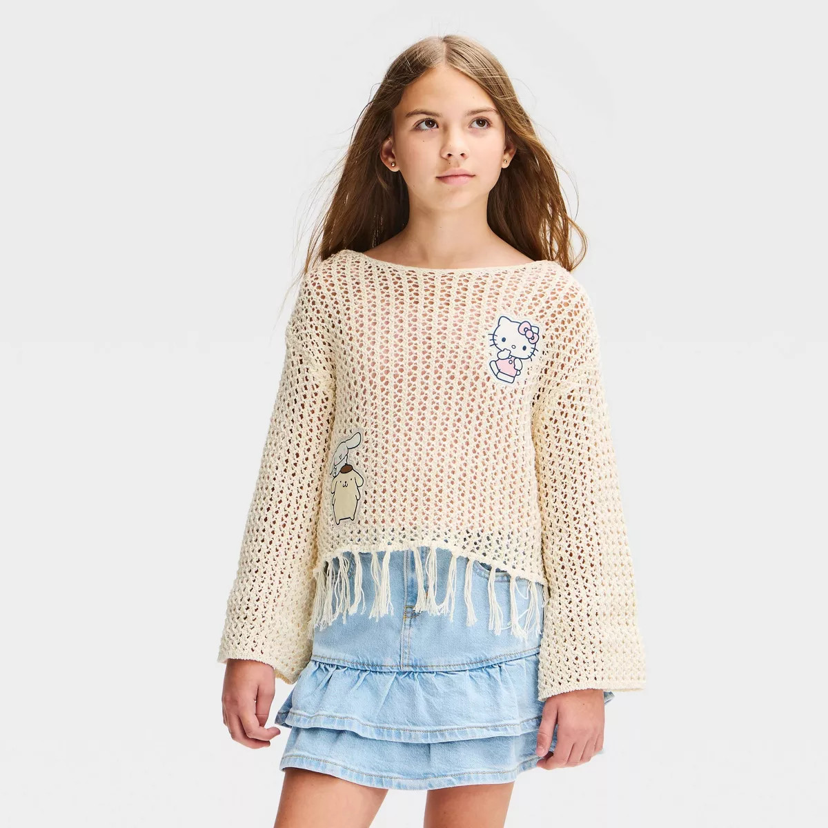 Girls' Hello Kitty and Friends Crochet Knit Fringe Sweater - Ivory XXL Plus | Target