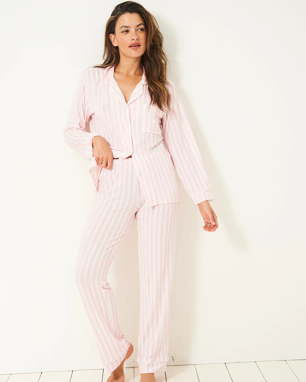Long Pyjama Set - Pale Pink Stripe | Sustainable TENCEL™ Nightwear | Stripe and Stare - migrated to impact