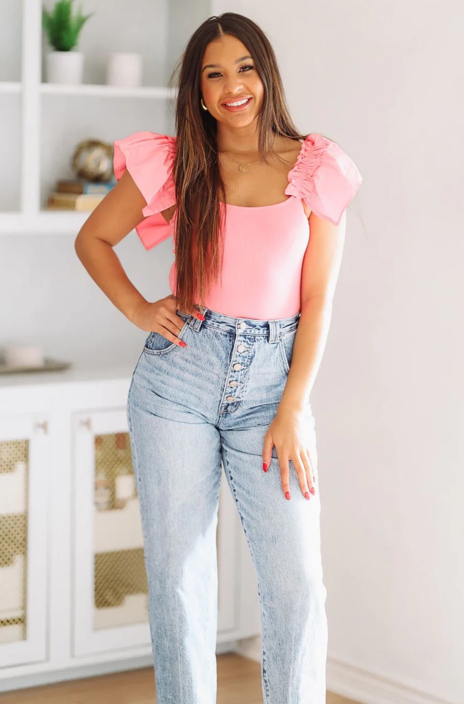 Ruffle Sleeve Bodysuit - Pink | Hazel and Olive