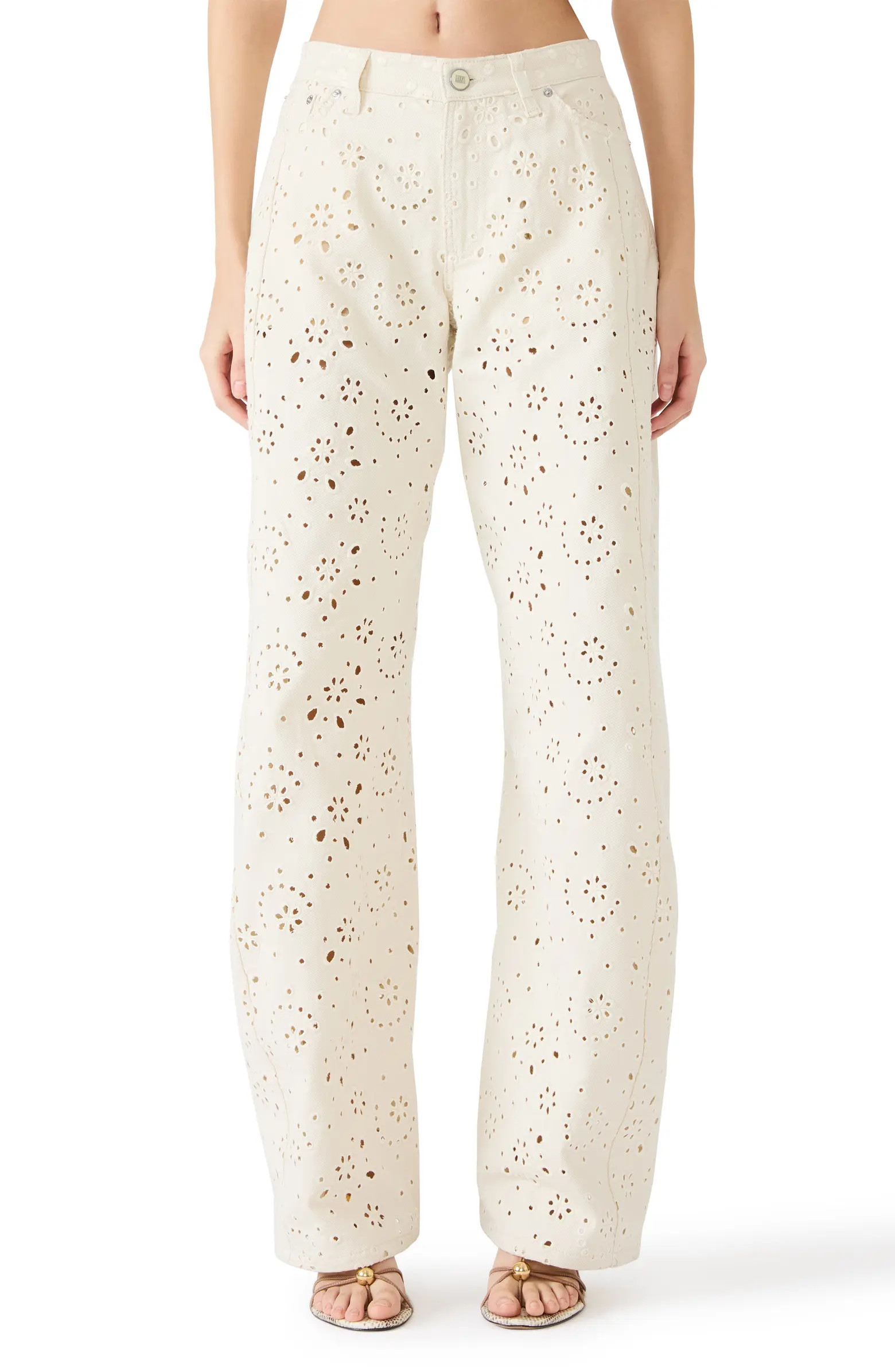 Rori Embroidered Floral Eyelet Wide Leg Jeans | Nordstrom