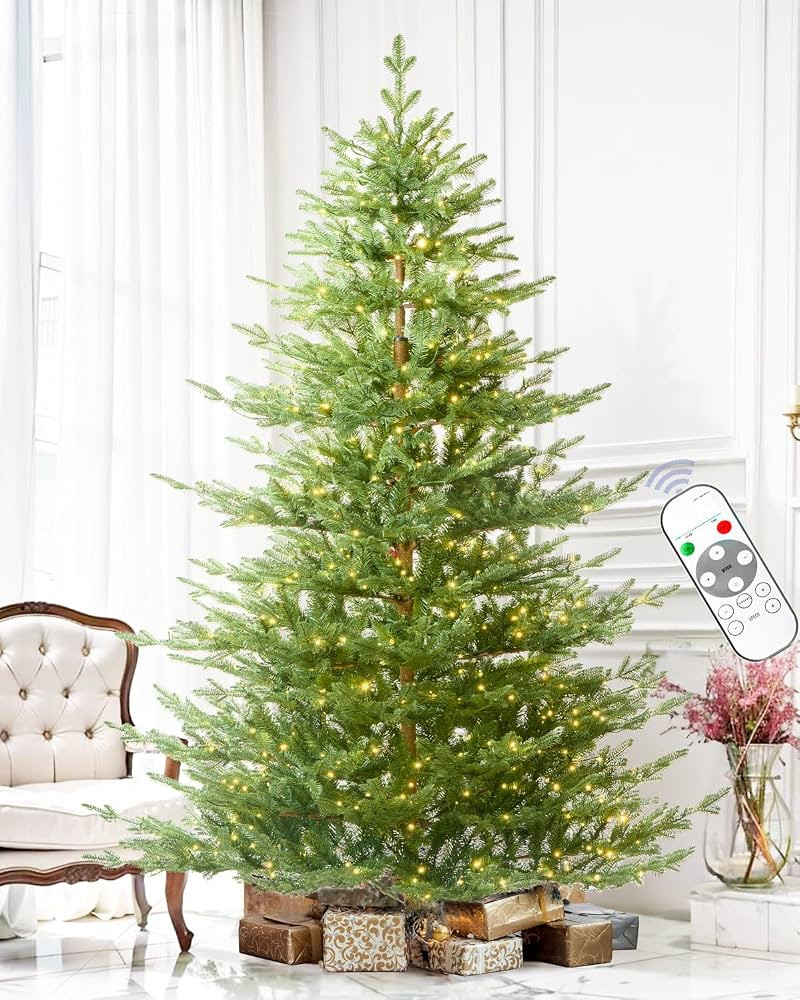 7FT Pre-lit Christmas Tree Fir with Remote Control, 650 Warm White Multi-Color Lights, Hinged/Fee... | Amazon (US)