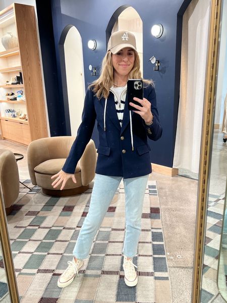 Spring outdoor event look: Dickey sweater blazer, white tee, favorite daughter jeans (love these and the cut 🙌🏼) and sneakers. If you haven’t tried a Dickey blazer yet- you must! Can go everywhere and is warm without the bulk. All tts. Laura wearing a small on top and a 26 in the jeans. 

#LTKstyletip #LTKover40 #LTKSeasonal