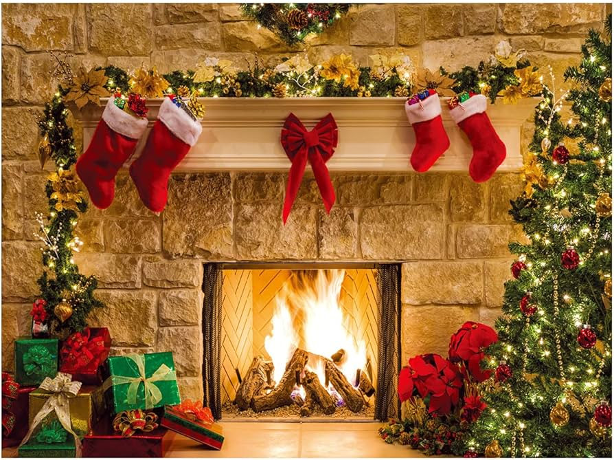 7X5FT Christmas Photography Backdrop Fireplace Decoration Studio Backdrops Tree Sock Decorations ... | Amazon (US)
