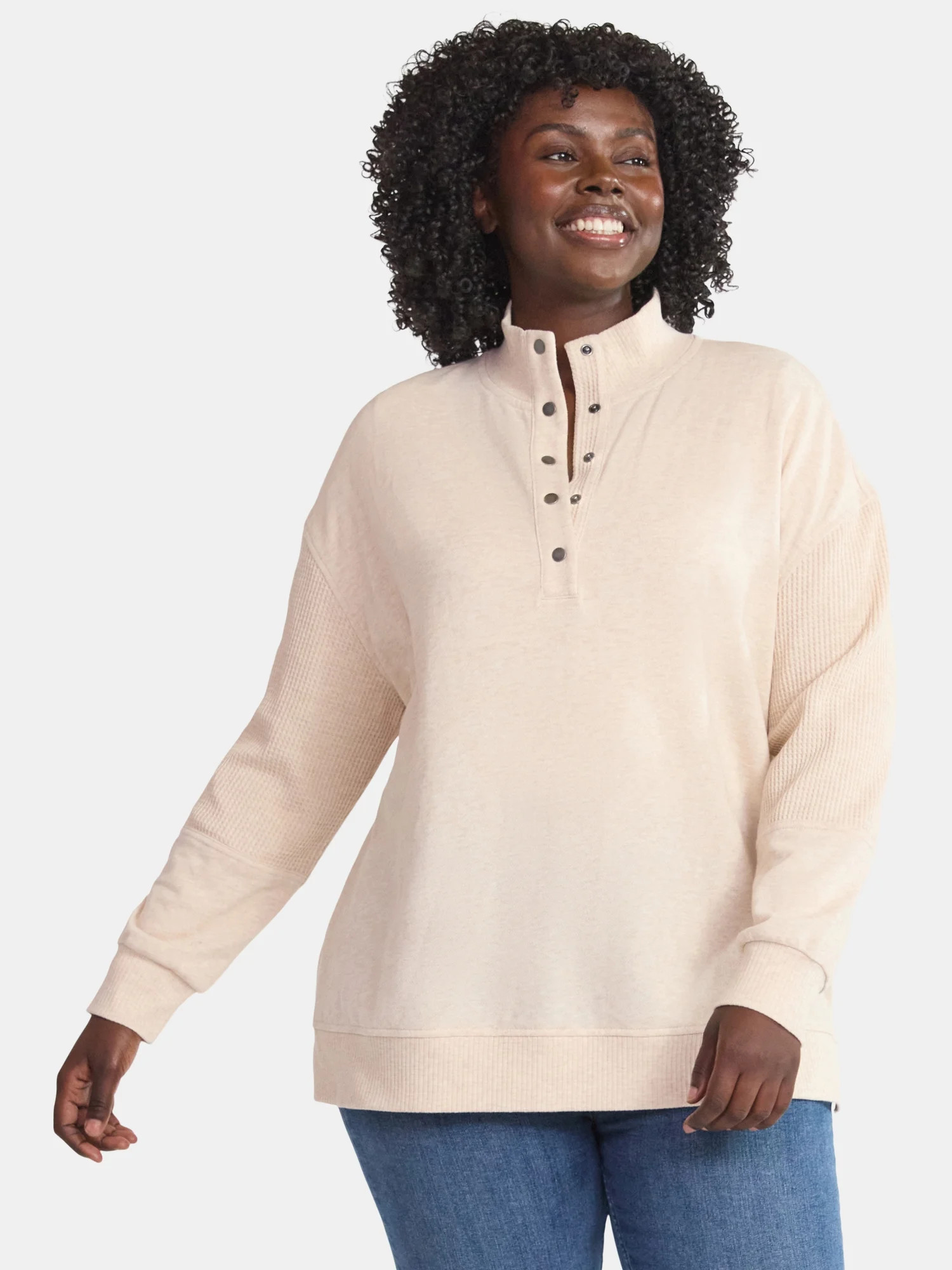 Terra & Sky Women’s Plus Mixed Media Snap Front, Sizes 0X-5X | Walmart (US)