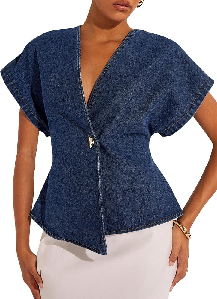 EVALESS Womens Short Sleeve Button Down Denim Shirts Tops | Amazon (US)