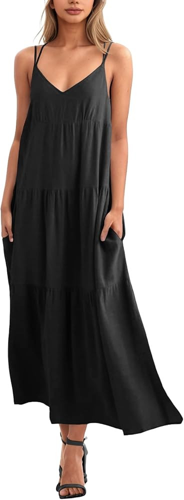 Febriajuce Women’s Summer Maxi Dress Casaul Spaghetti Straps Solid V-Neck Backless Cami Dresses... | Amazon (US)