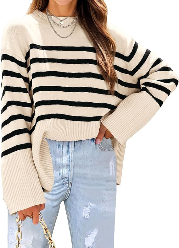 Womens Sweaters Fall 2025 Overiszed Striped Long Sleeve Side Slit Loose Pullover Sweaters Knitted... | Amazon (US)