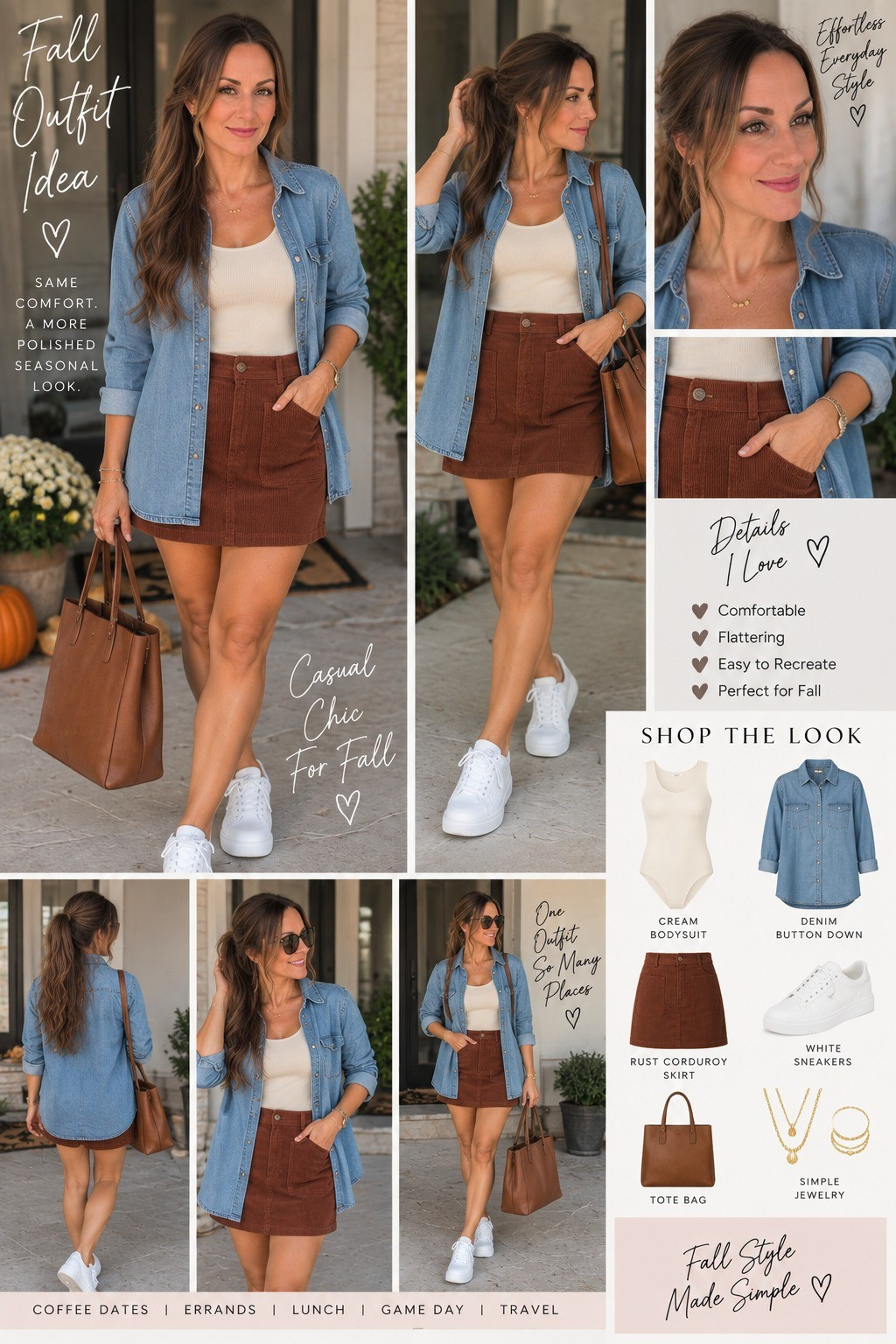 Florida fall outfit 🍂It's still 90° here, so I'm not pulling out sweaters and boots yet. 😂 I'm wearing fall colors instead — cream bodysuit + rust corduroy mini + denim shirt + white sneakers. I've linked the sneakers and similar pieces below.I used AI to visualize how I'd style these pieces together but I can't wait to wear this outfit using the items in my closet!

#LTKmomlife #LTKSeasonal