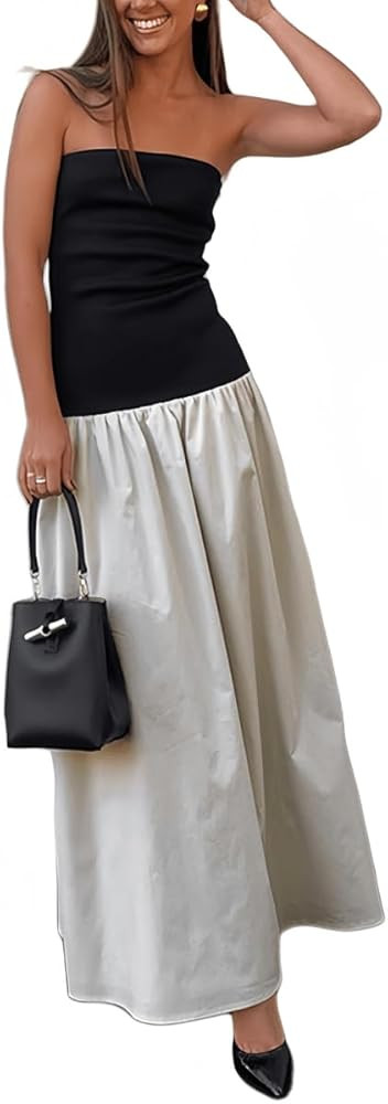 YOXUA Women's Summer Strapless Sleeveless Patchwork A-Line Tube Long Maxi Dress Off Shoulder Beac... | Amazon (US)