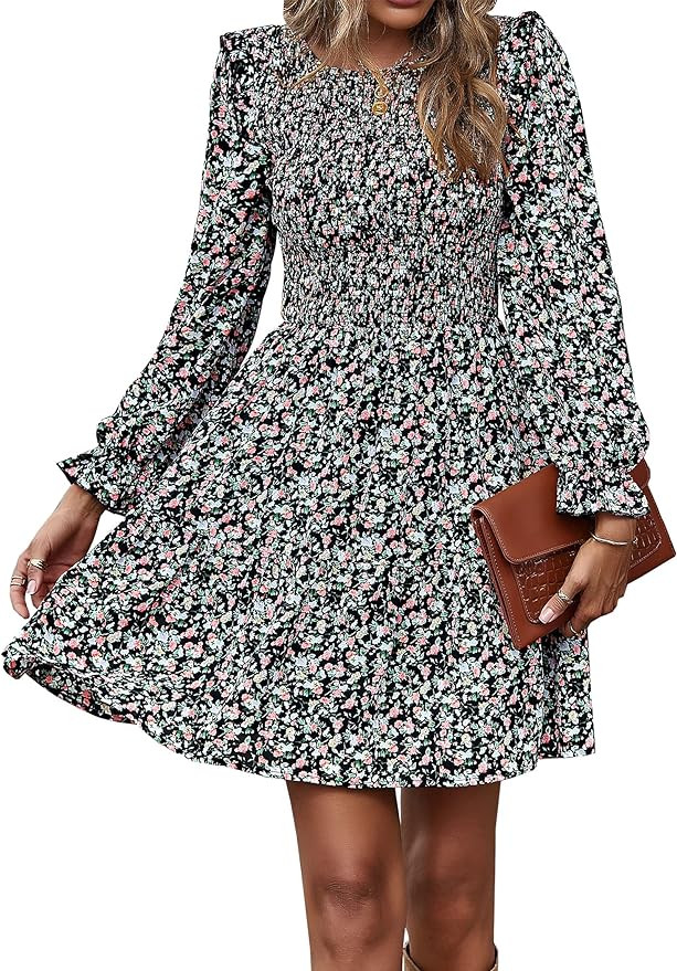 KIRUNDO Long Sleeve Dress for Women 2025 Summer Fall Wedding Guest Smocked Floral Crewneck Ruffle... | Amazon (US)