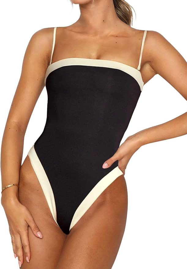 One Piece Swimsuit for Women Tummy Control Square Neck Swimwear Tie Back Bathing Suit | Amazon (US)