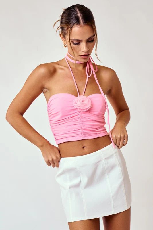 Strappy Ruching Top With Flower | TandyWear