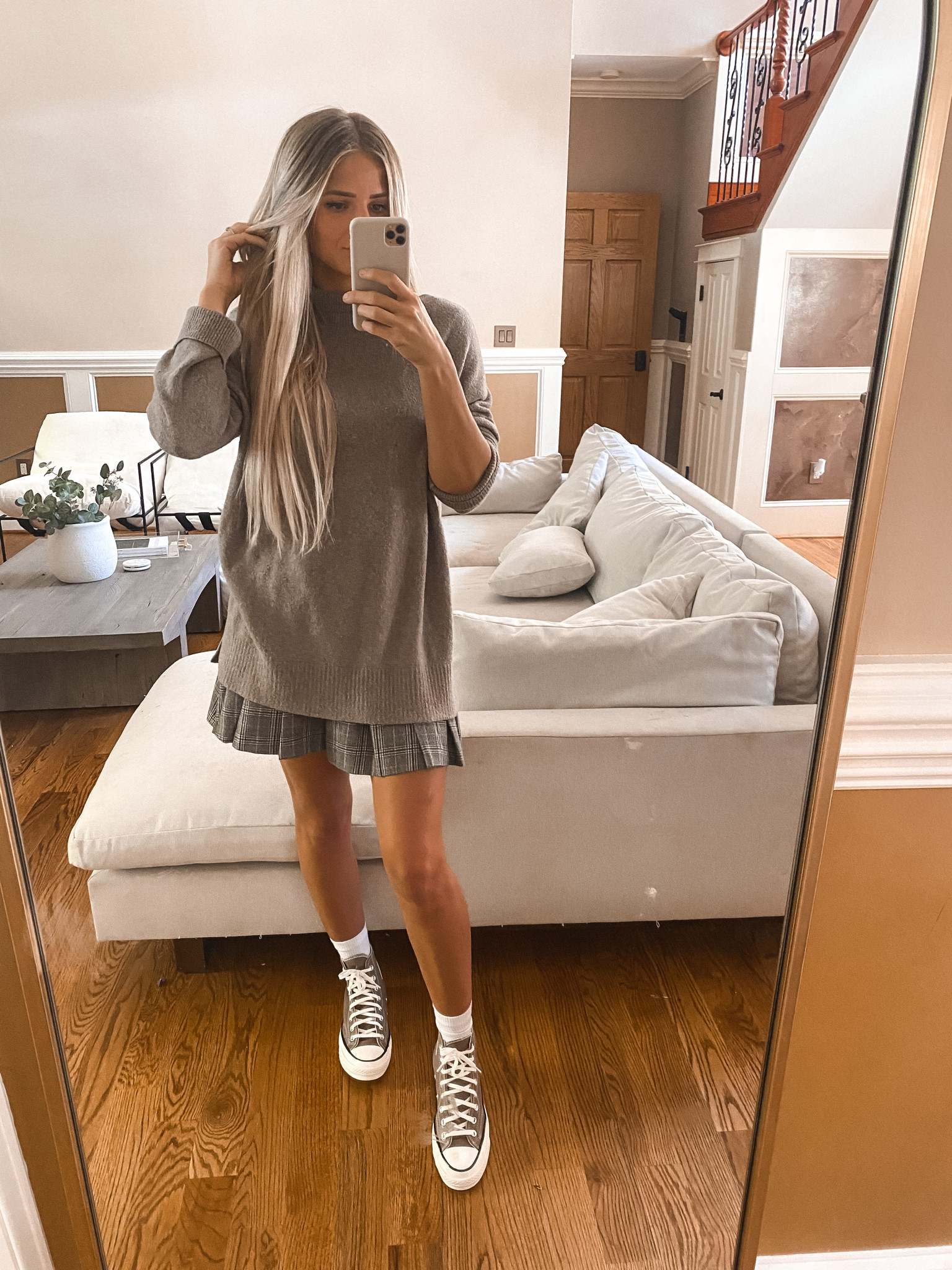 Converse, shoes, sneakers, skirt, Abercrombie and Fitch, sweater, fall outfit, outfit ideas, plaid skirt, casual, ladies clothes, oversized tunic, pleated mini skirt, H&M, sale, turtleneck 

#LTKunder100 #LTKstyletip #LTKshoecrush