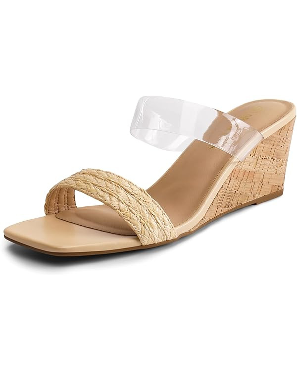 DREAM PAIRS Women Slides Wedge Sandals Square Open Toe Dress Casual Strappy Shoes | Amazon (US)