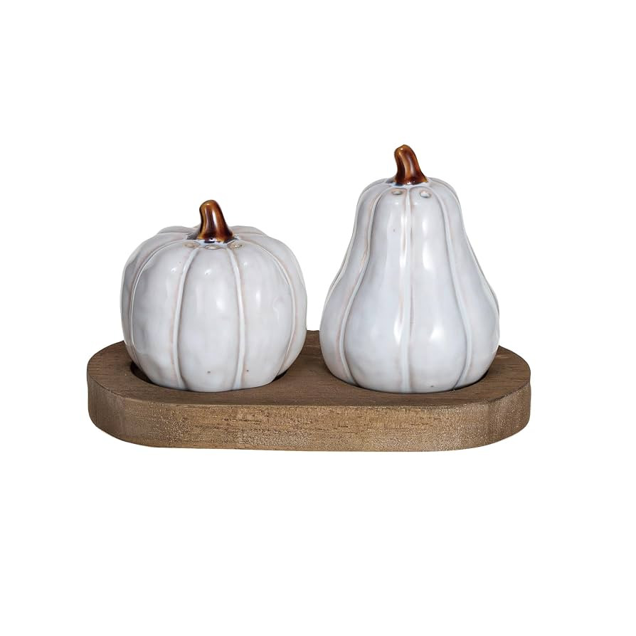 Creative Co-Op Stoneware Pumpkin Shaped Salt and Pepper Shakers on a Wood Tray in Reactive Glaze,... | Amazon (US)
