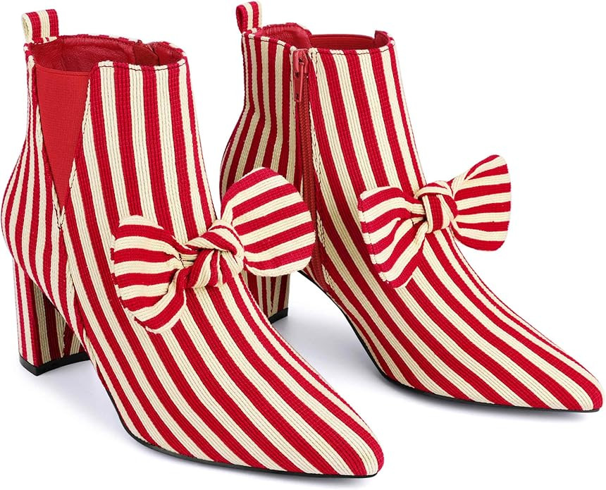 Perphy Bow Stripe Pointed Toe Chunky Heels Ankle Boots for Women | Amazon (US)