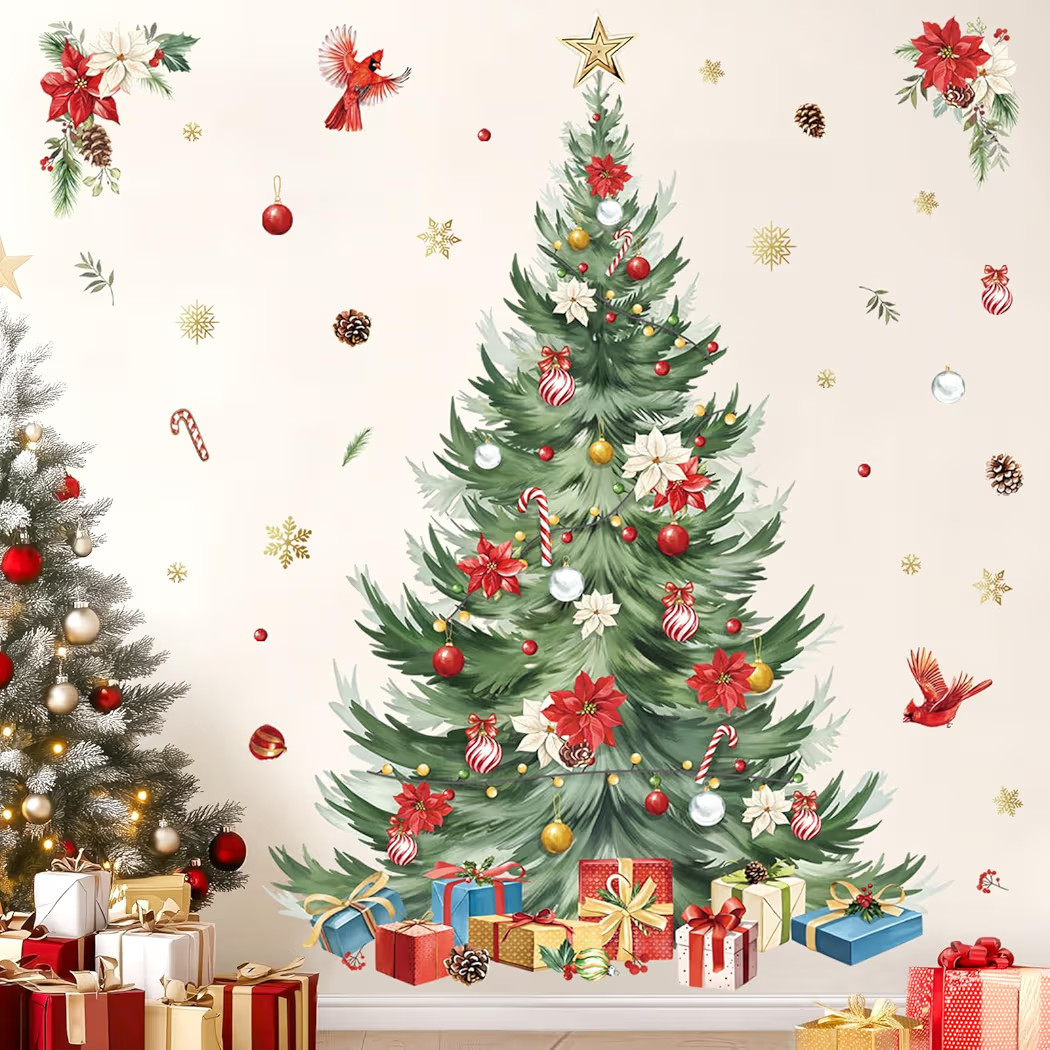 decalmile Large Christmas Tree Window Wall Decals Watercolor Christmas Tree Xmas Wall Stickers Ch... | Amazon (US)