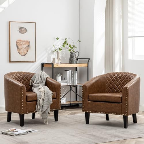 KINWELL 29" W Faux Leather Barrel Chairs Set of 2, Modern PU Upholstered Tufted Club Chairs with Nailhead Trim, Small Armchairs Accent Chairs for Living Room Bedroom Apartment Lounge Nursery, Coffee | Amazon (US)