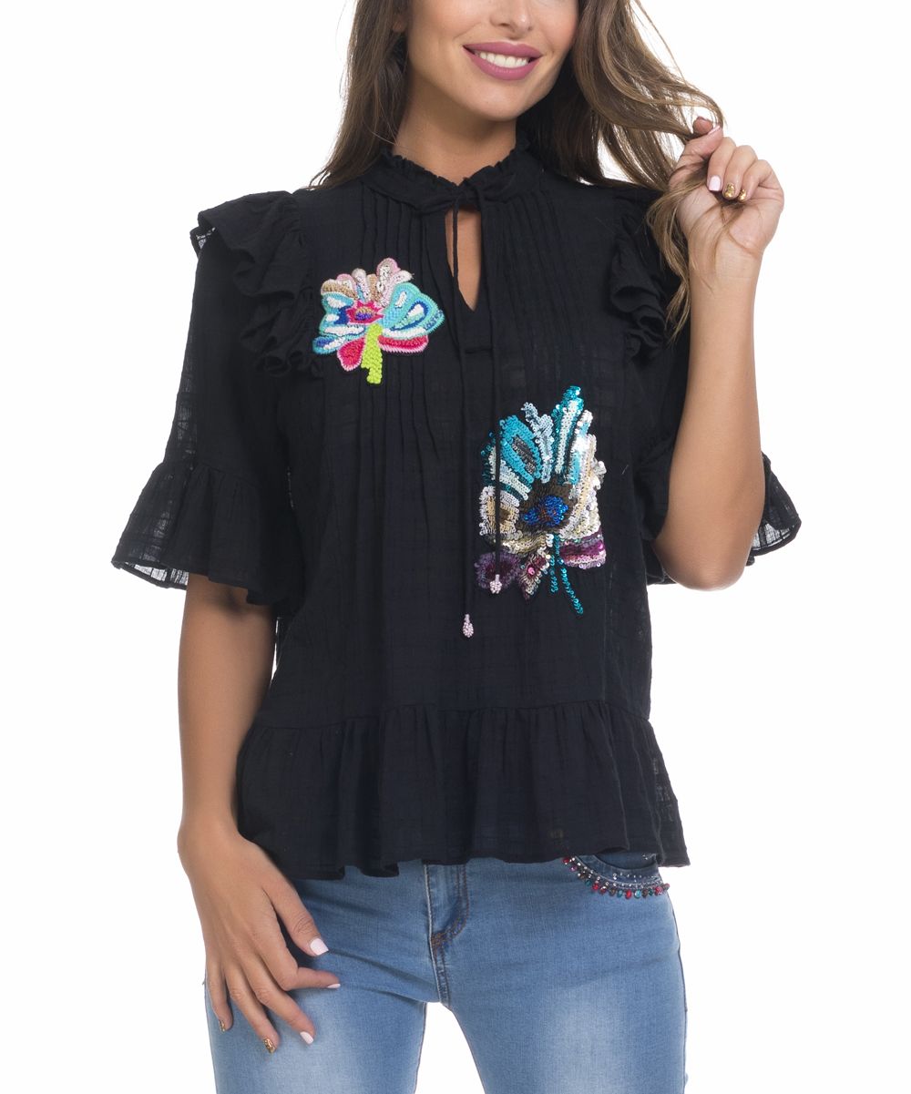 Peace and Love Women's Blouses BLACK - Black Floral-Embroidered Ruffle Bell-Sleeve Top - Women | Zulily