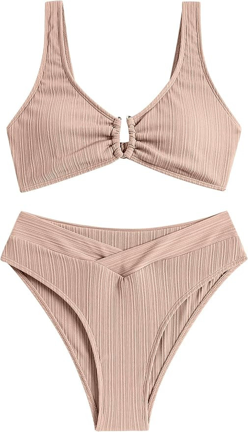 ZAFUL Women 2 Piece Swimsuits Smocked Satin Strap Brazilian Bikini Lace Up Swimsuit Bathing Suit | Amazon (US)