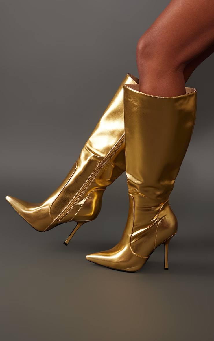Gold Wide Fit Metallic Pu Point Toe High Stiletto Heeled Knee Boots | PrettyLittleThing US