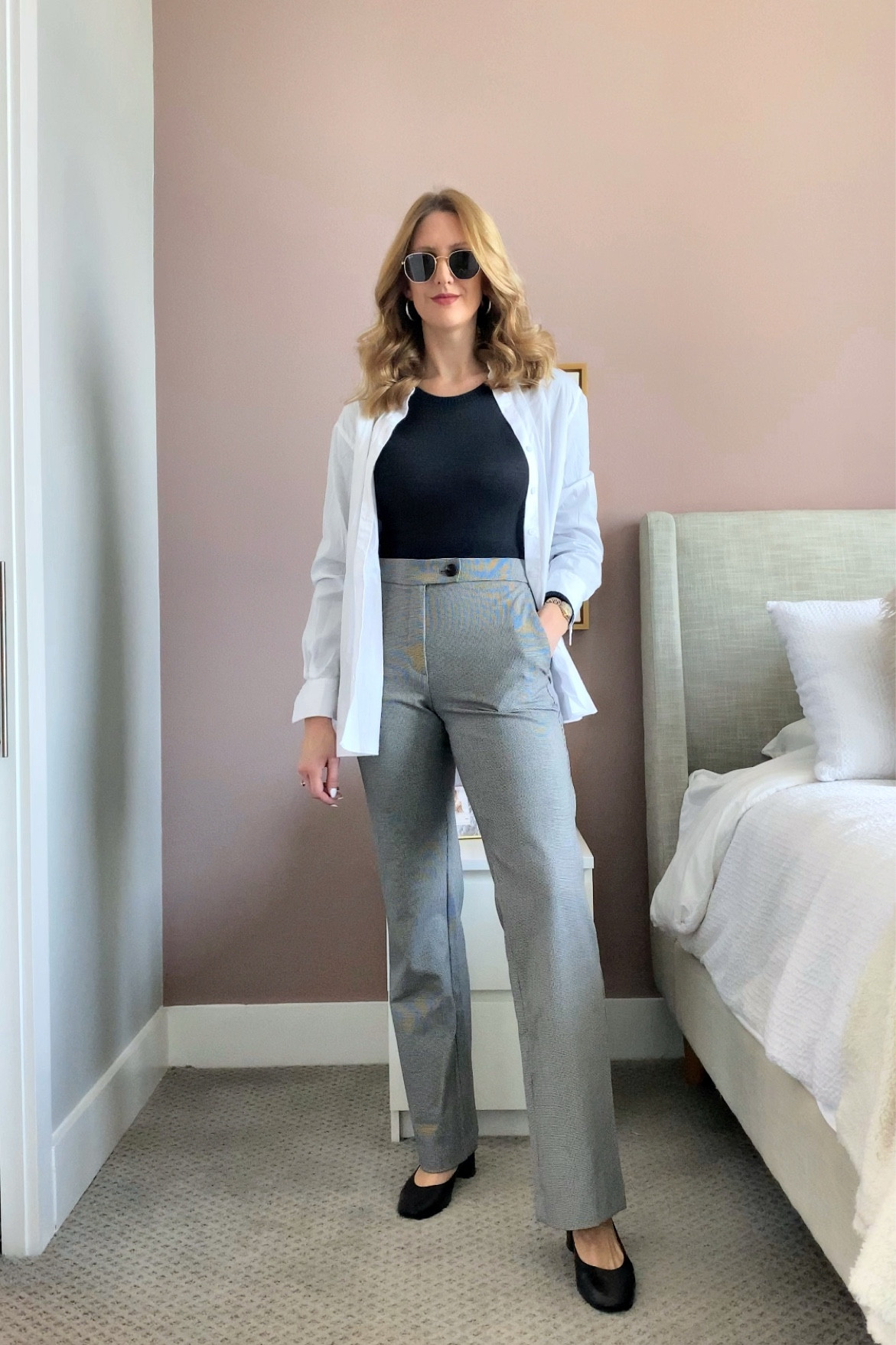 Work outfit idea #corporate #rayban #bodysuit #pants #whitepoplin 

#LTKstyletip #LTKworkwear #LTKunder100