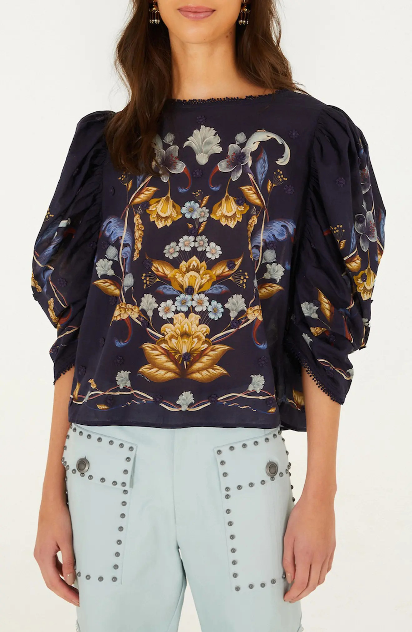 FARM Rio Golden Nature 3D Floral Picot Trim Top (Women) | Nordstrom | Nordstrom