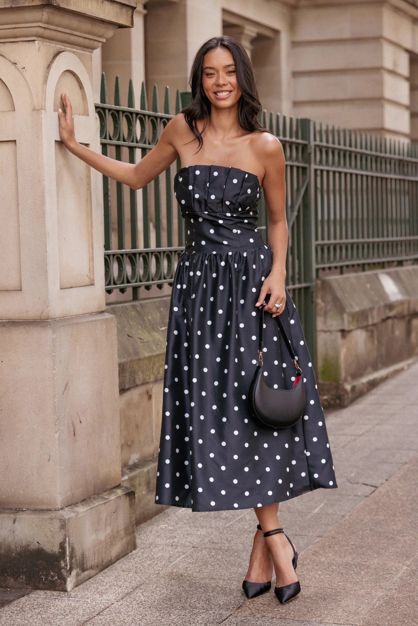 Kimbra Strapless Midi Dress - Black Polka Dot | Petal & Pup (US)