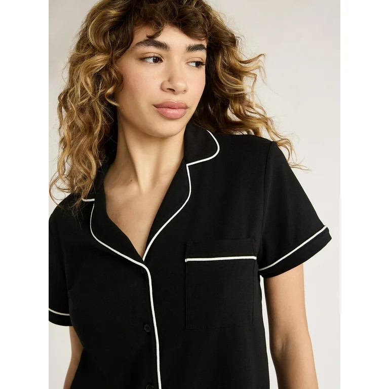 Joyspun Women's Cotton Blend Notch Collar Top and Shorts Pajama Set, 2-Piece, Sizes S to 4X | Walmart (US)