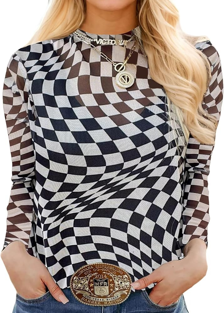 Urchics Womens Mock Neck Mesh Tops Western T Shirts Long Sleeve Layering Tops See Through Trendy ... | Amazon (US)