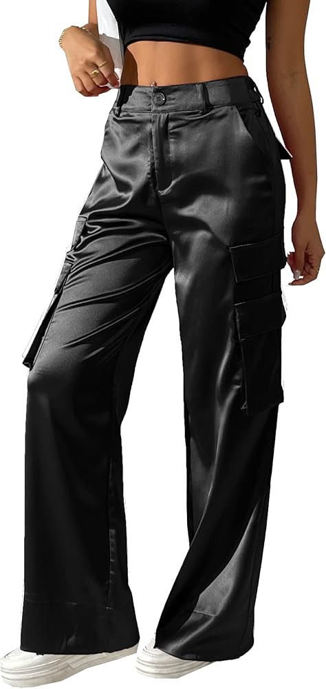 Women's Satin Cargo Wide Leg Pants Silky Party Dressy Casual Pocketed Pant Long Trouser | Amazon (US)