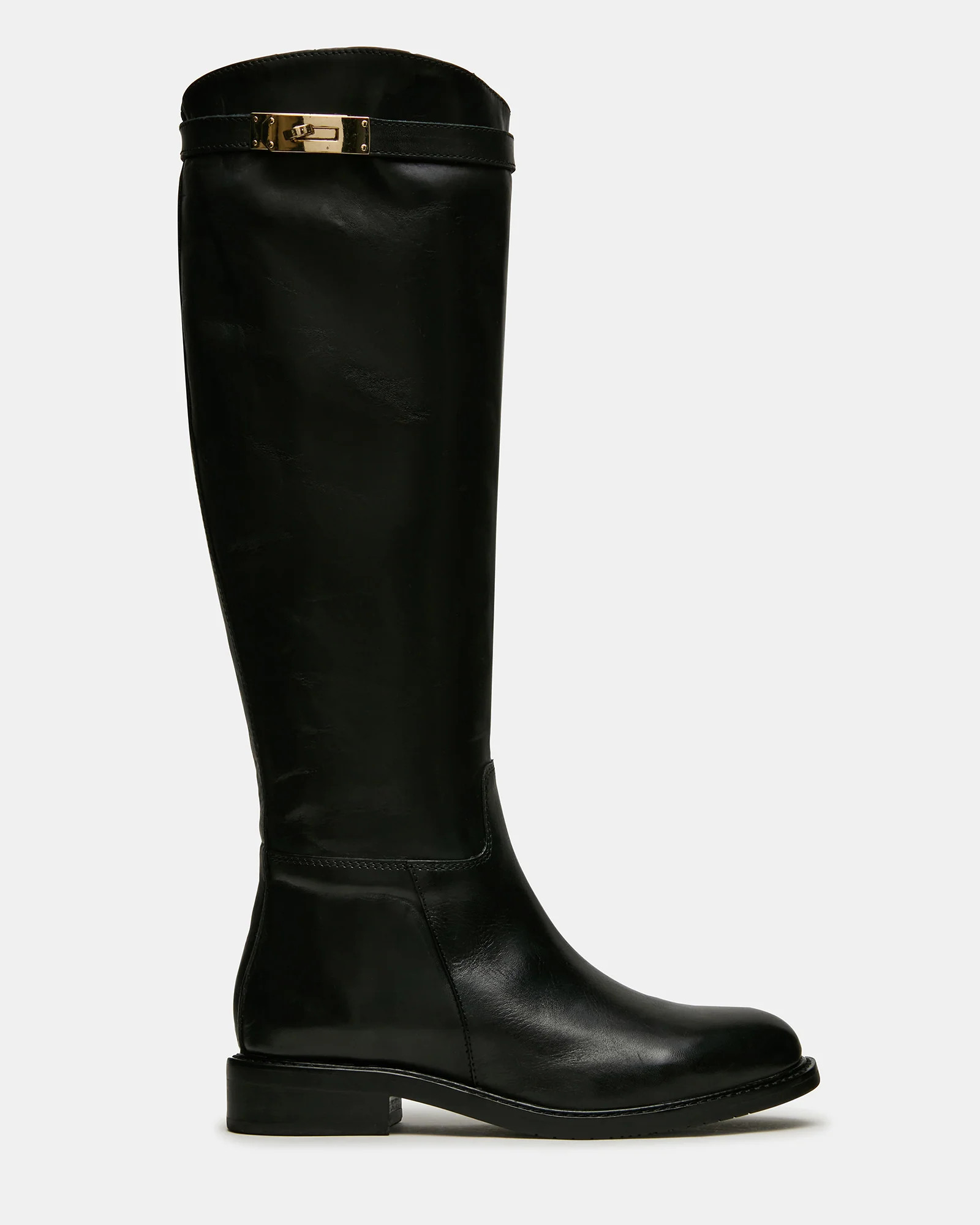 BEXLEY Black Leather Knee-High Round-Toe Buckle Women's Boot | Steve Madden (US)