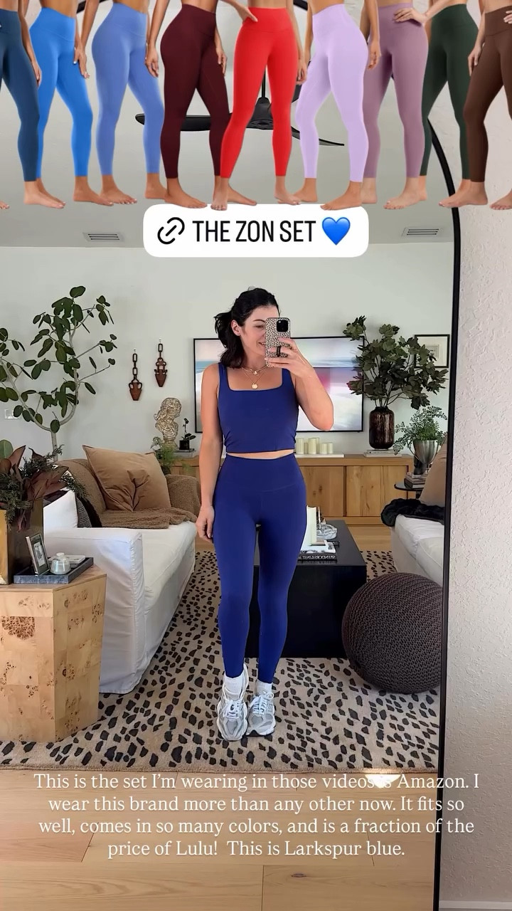 This is the set I’m wearing in those videos is Amazon. I wear this brand more than any other now. It fits so well, comes in so many colors, and is a fraction of the price of Lulu!  This is Larkspur blue. Size down in leggings I’m wearing a small but could do xs  

#LTKfitnessgoals #LTKdayinmylife #LTKootd
